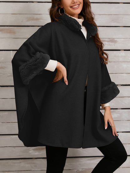 Faux Fur Collar Solid Color Cape Cloak Coat