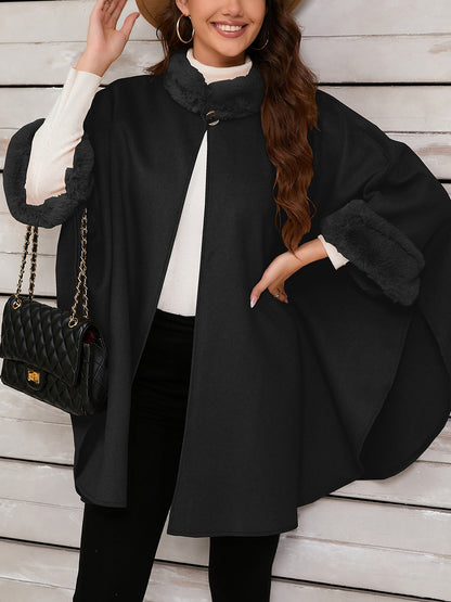 Faux Fur Collar Solid Color Cape Cloak Coat