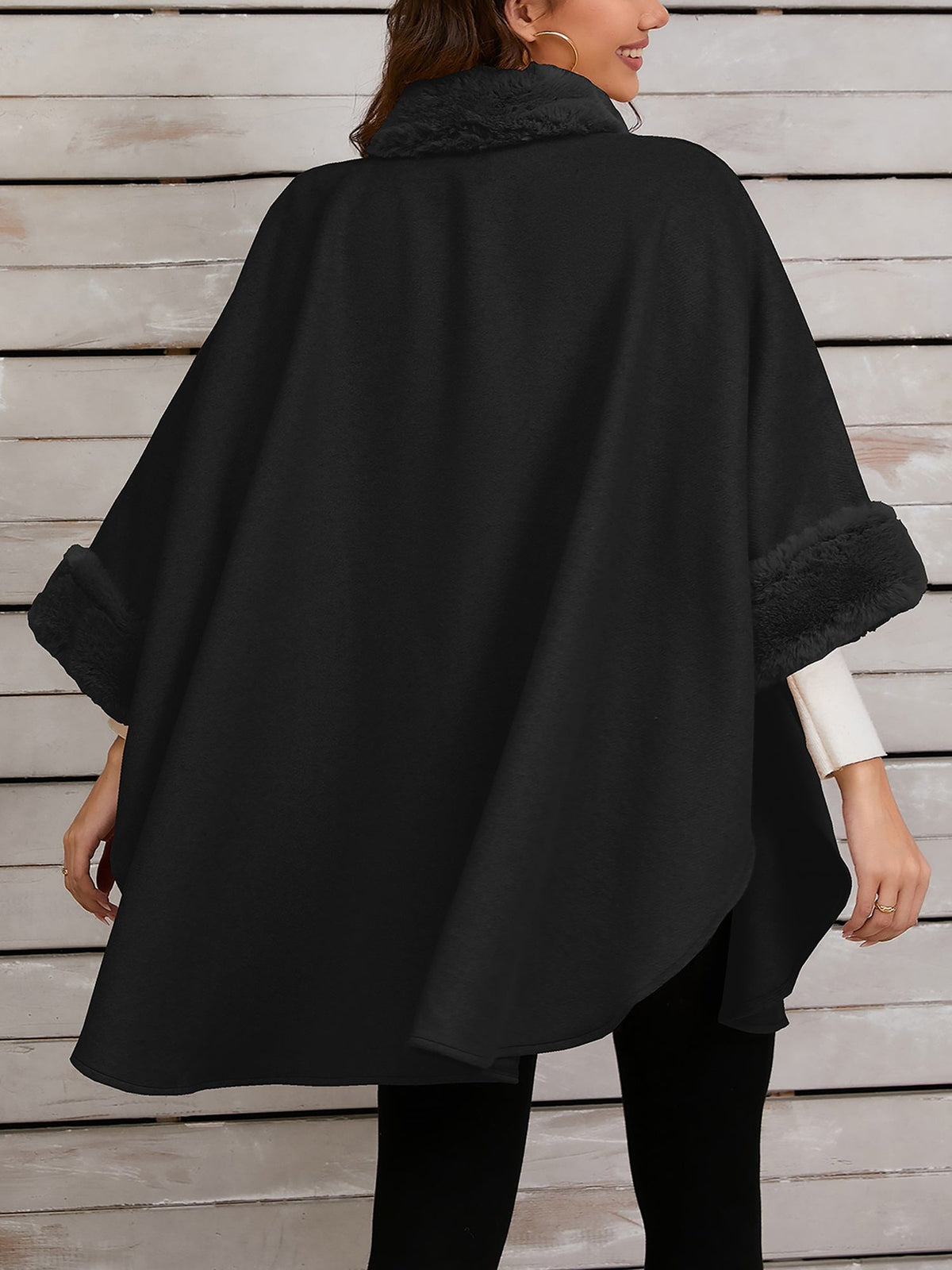 Faux Fur Collar Solid Color Cape Cloak Coat