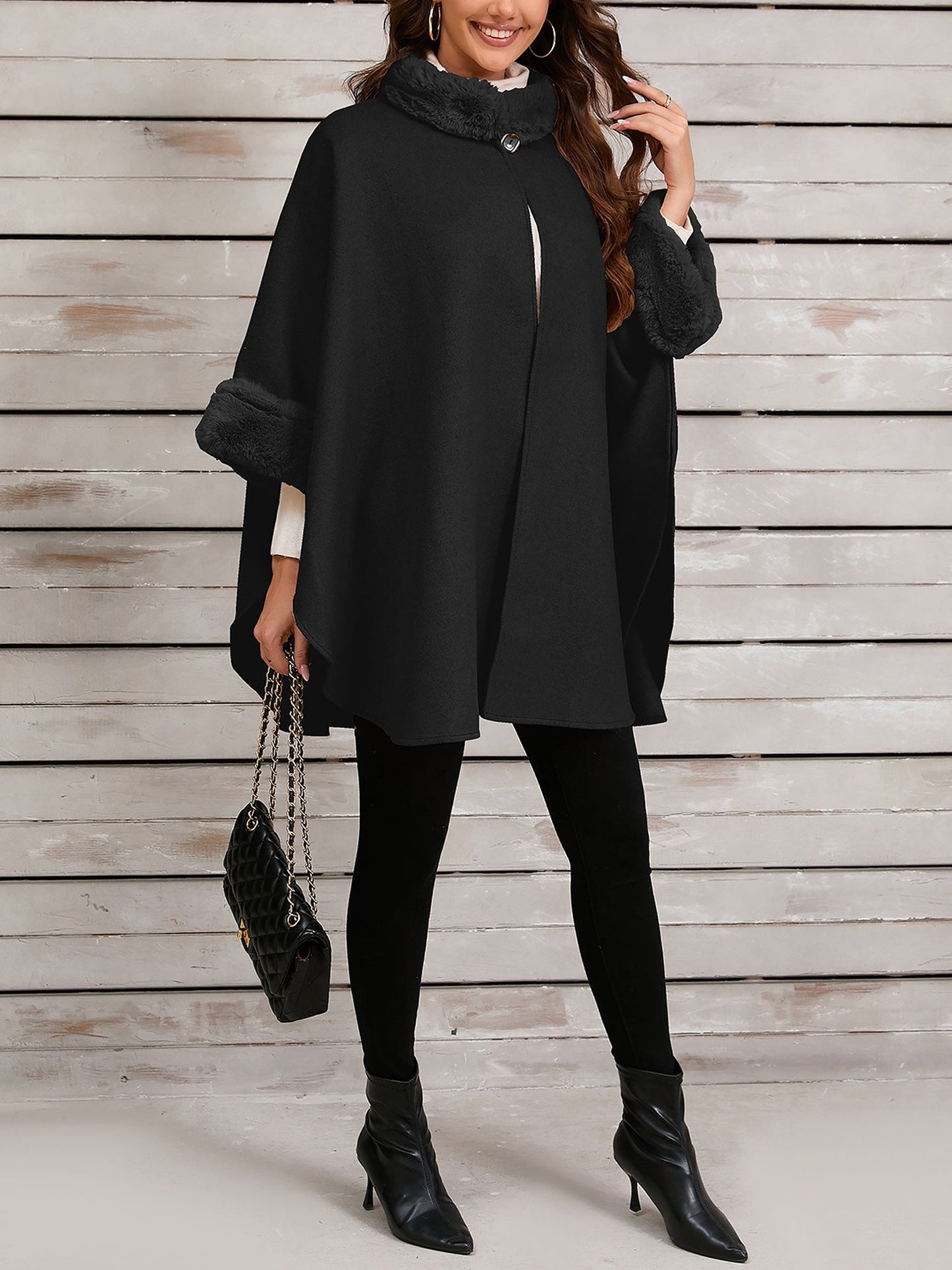Faux Fur Collar Solid Color Cape Cloak Coat
