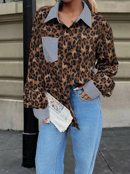 Striped Leopard Patchwork Long Sleeves Shirt