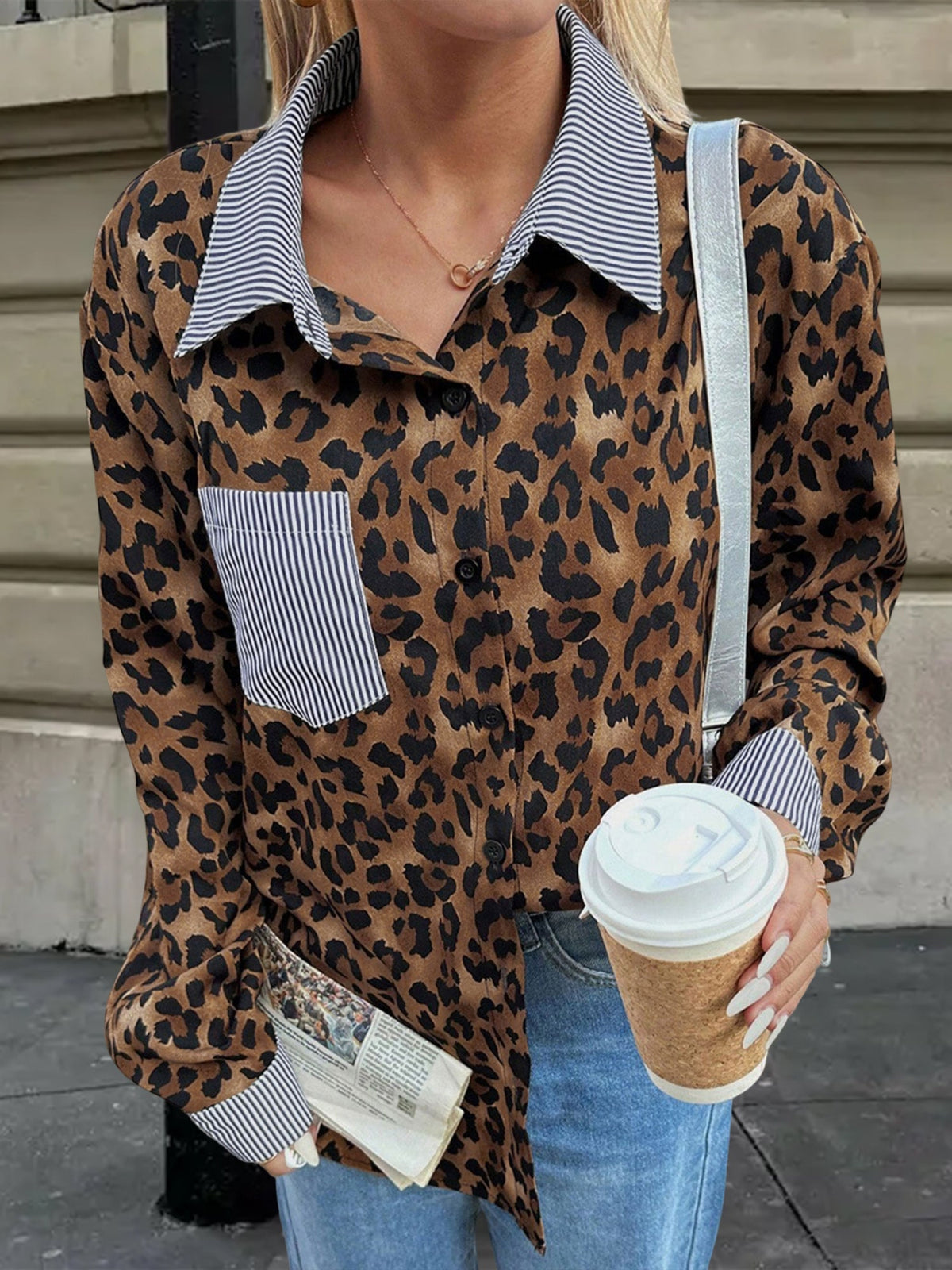 Striped Leopard Patchwork Long Sleeves Shirt