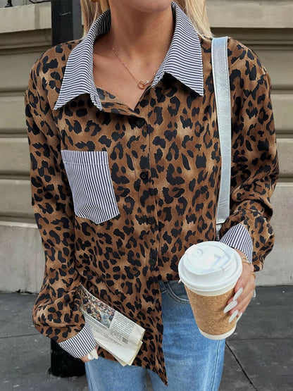 Striped Leopard Patchwork Long Sleeves Shirt