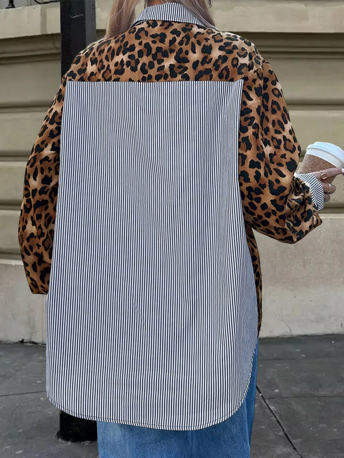 Striped Leopard Patchwork Long Sleeves Shirt