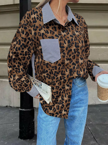 Striped Leopard Patchwork Long Sleeves Shirt