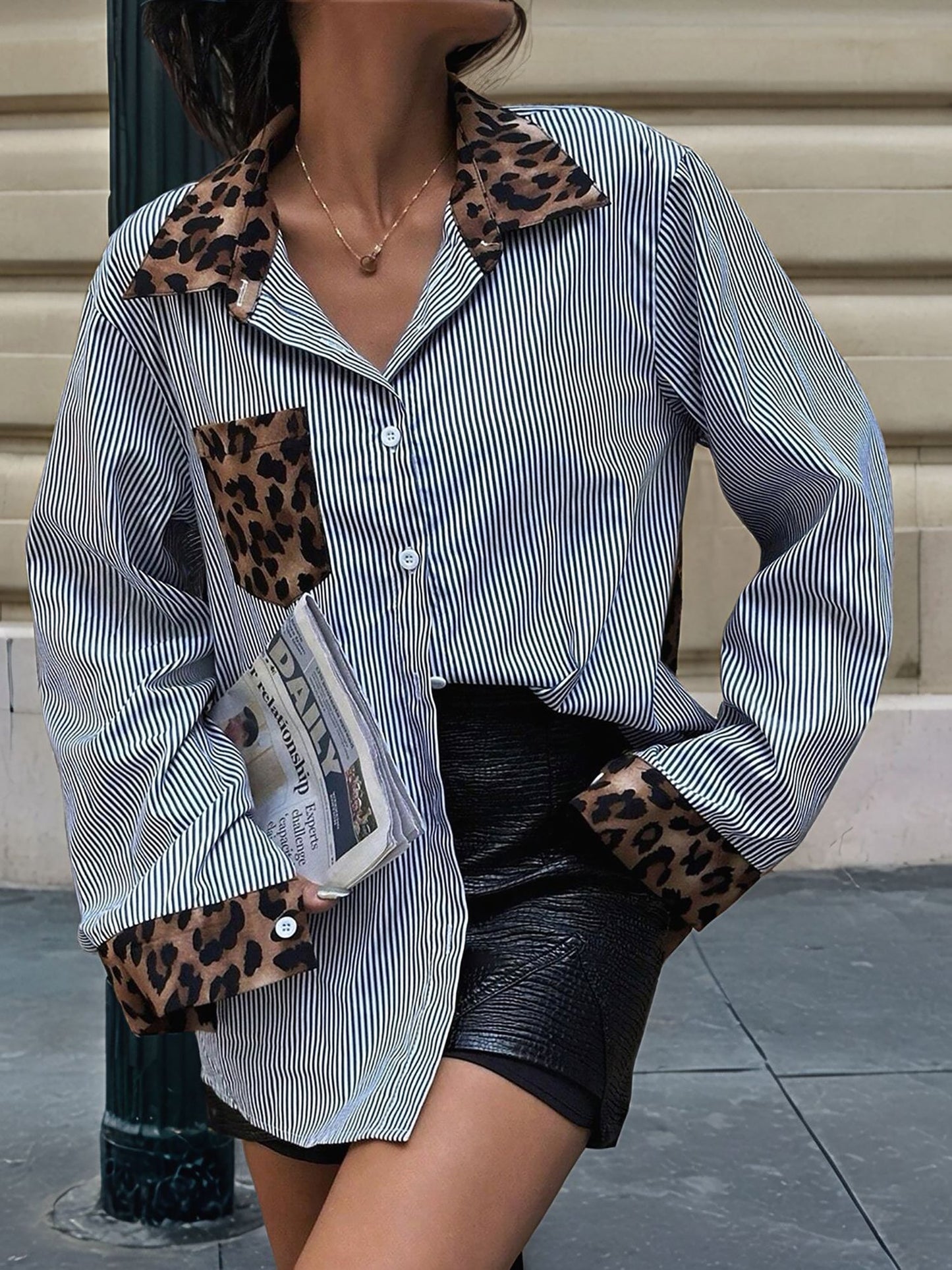 Striped Leopard Patchwork Long Sleeves Shirt