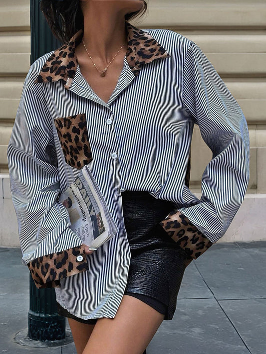 Striped Leopard Patchwork Long Sleeves Shirt