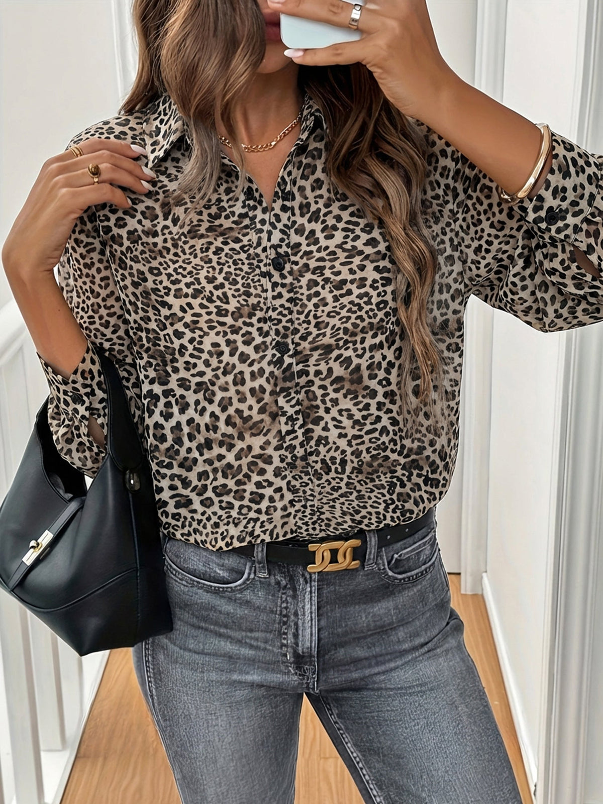 Leopard Print Long Sleeve Loose Fit Shirt