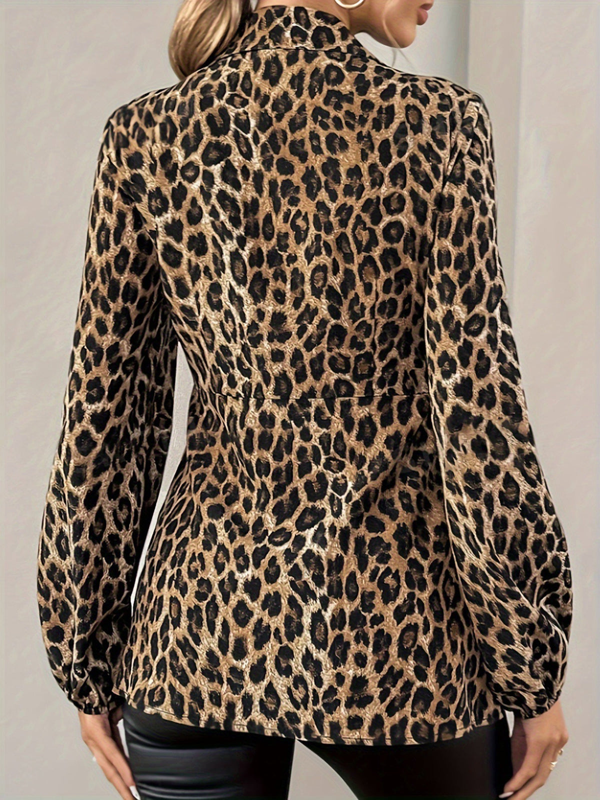 Leopard Print Wrap Blouse with Tie Waist Office to Evening Long Sleeves Top