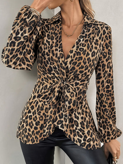 Leopard Print Wrap Blouse with Tie Waist Office to Evening Long Sleeves Top