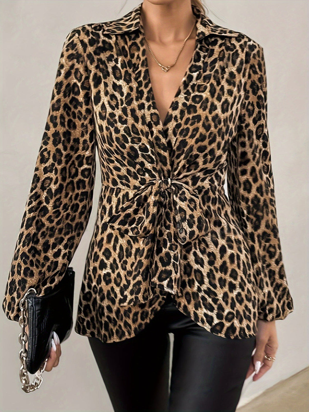 Leopard Print Wrap Blouse with Tie Waist Office to Evening Long Sleeves Top