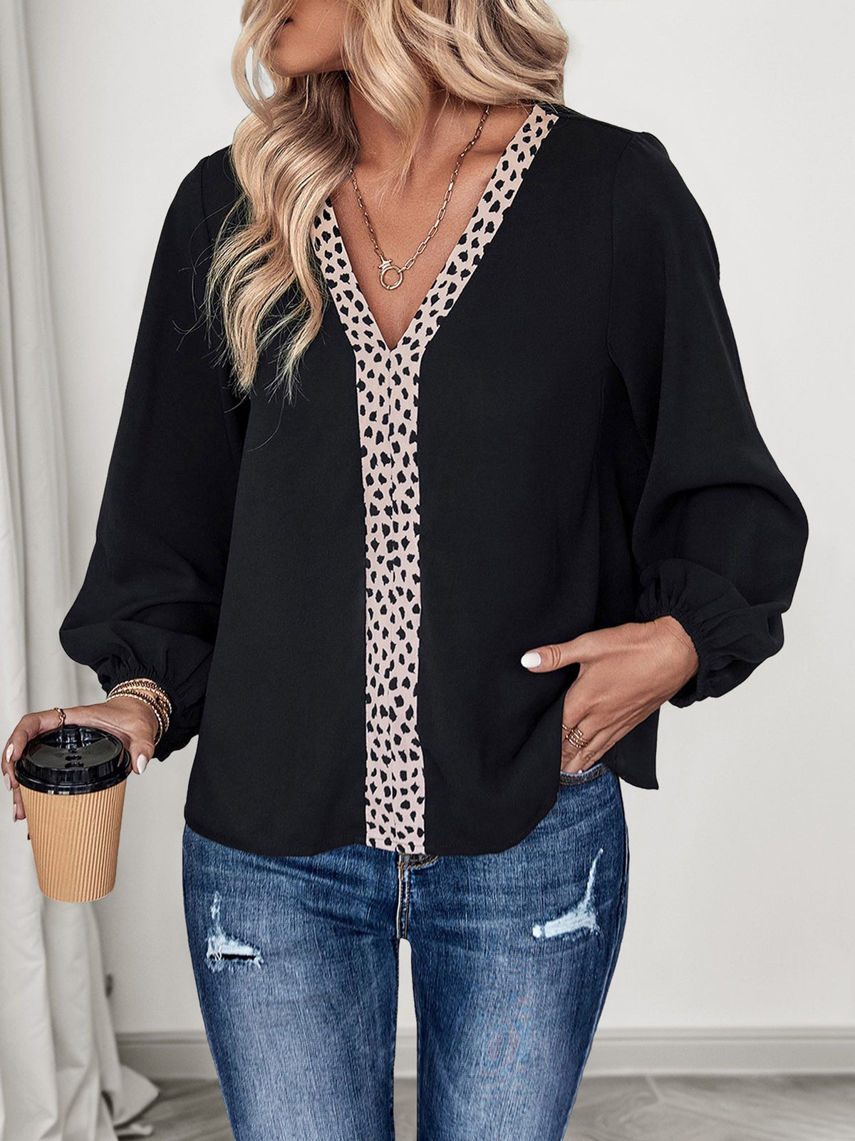 Long Sleeves Leopard Print Patchwork Blouse