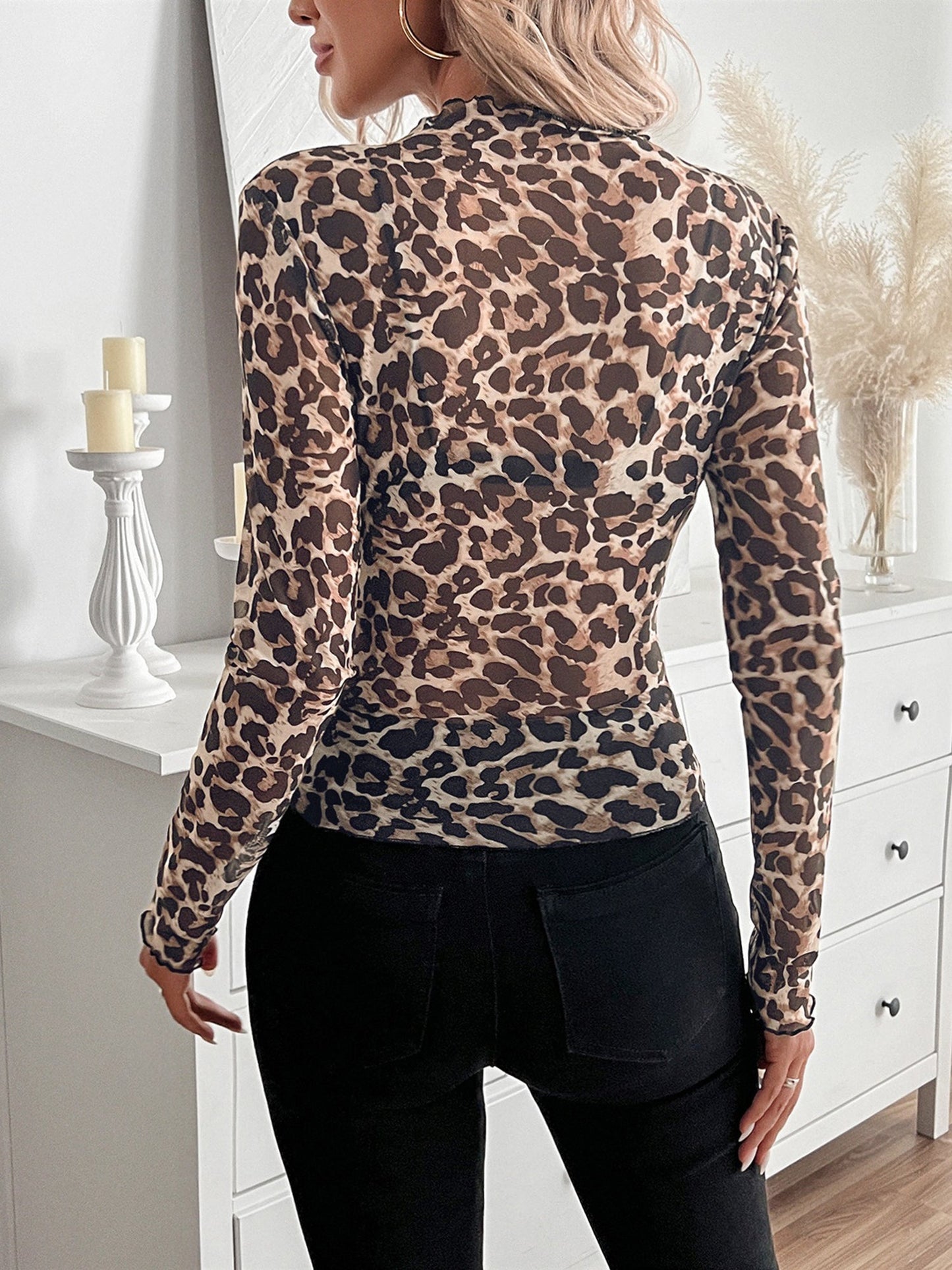 Mesh Ruffled Printed Long Sleeves Blouse