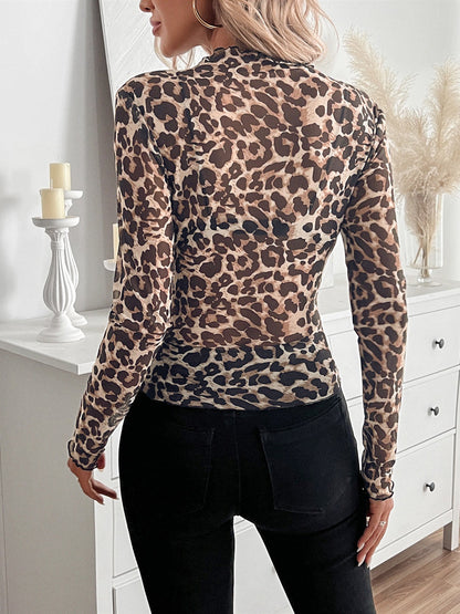 Mesh Ruffled Printed Long Sleeves Blouse
