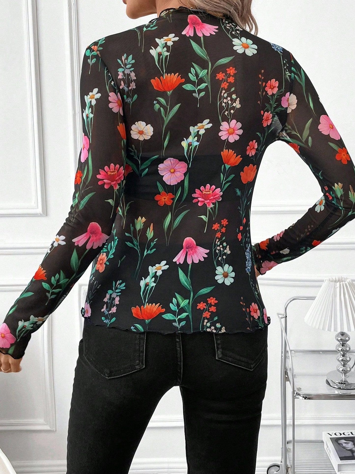 Mesh Ruffled Printed Long Sleeves Blouse