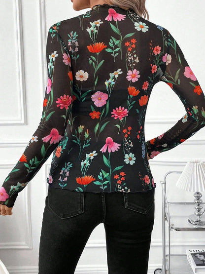 Mesh Ruffled Printed Long Sleeves Blouse