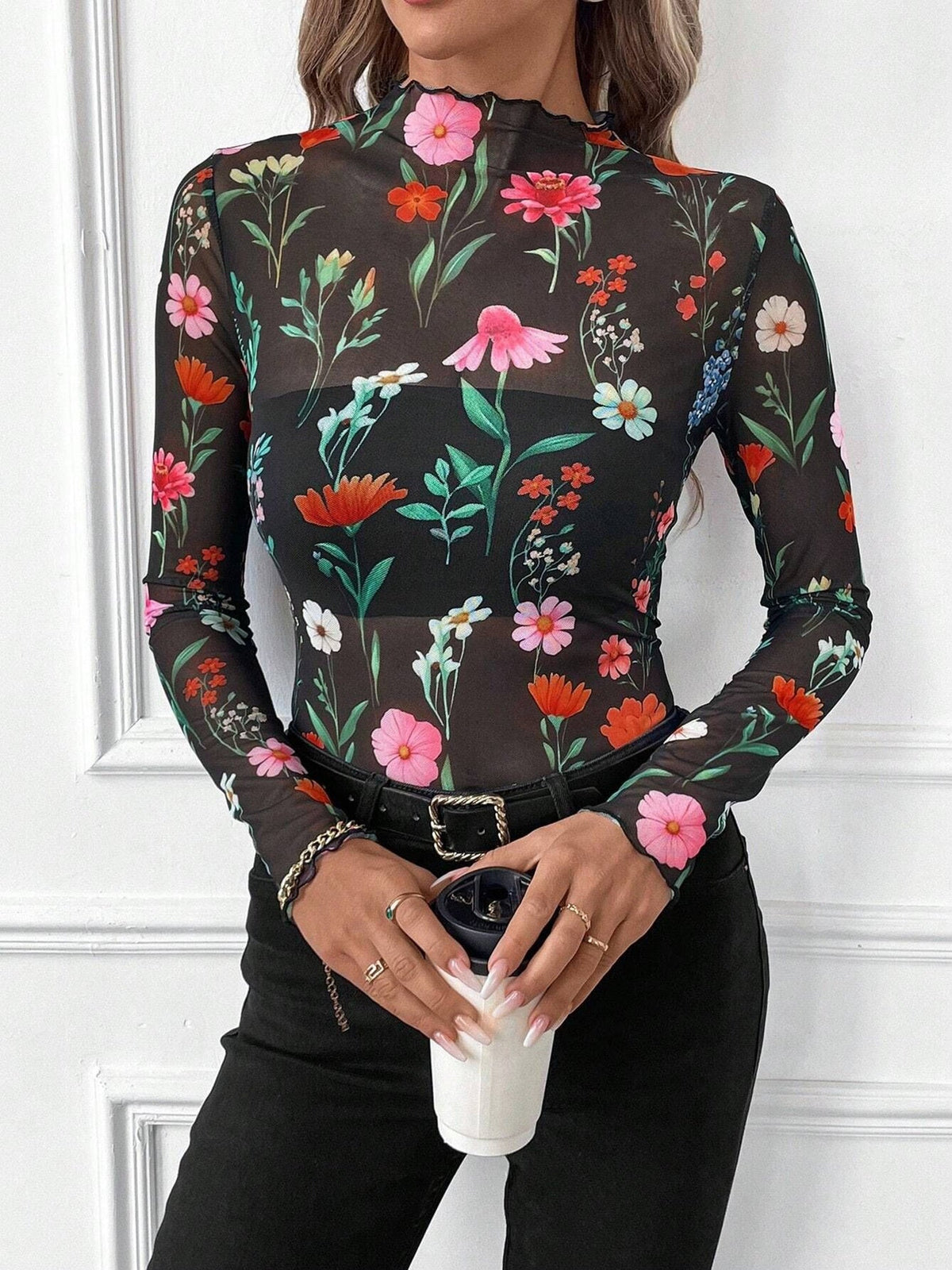 Mesh Ruffled Printed Long Sleeves Blouse
