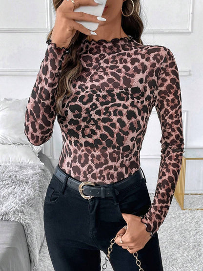 Mesh Ruffled Printed Long Sleeves Blouse