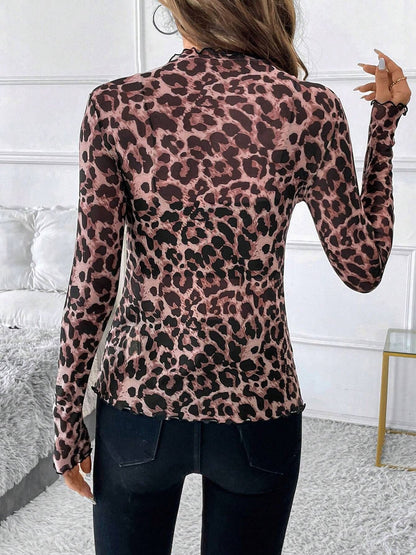 Mesh Ruffled Printed Long Sleeves Blouse