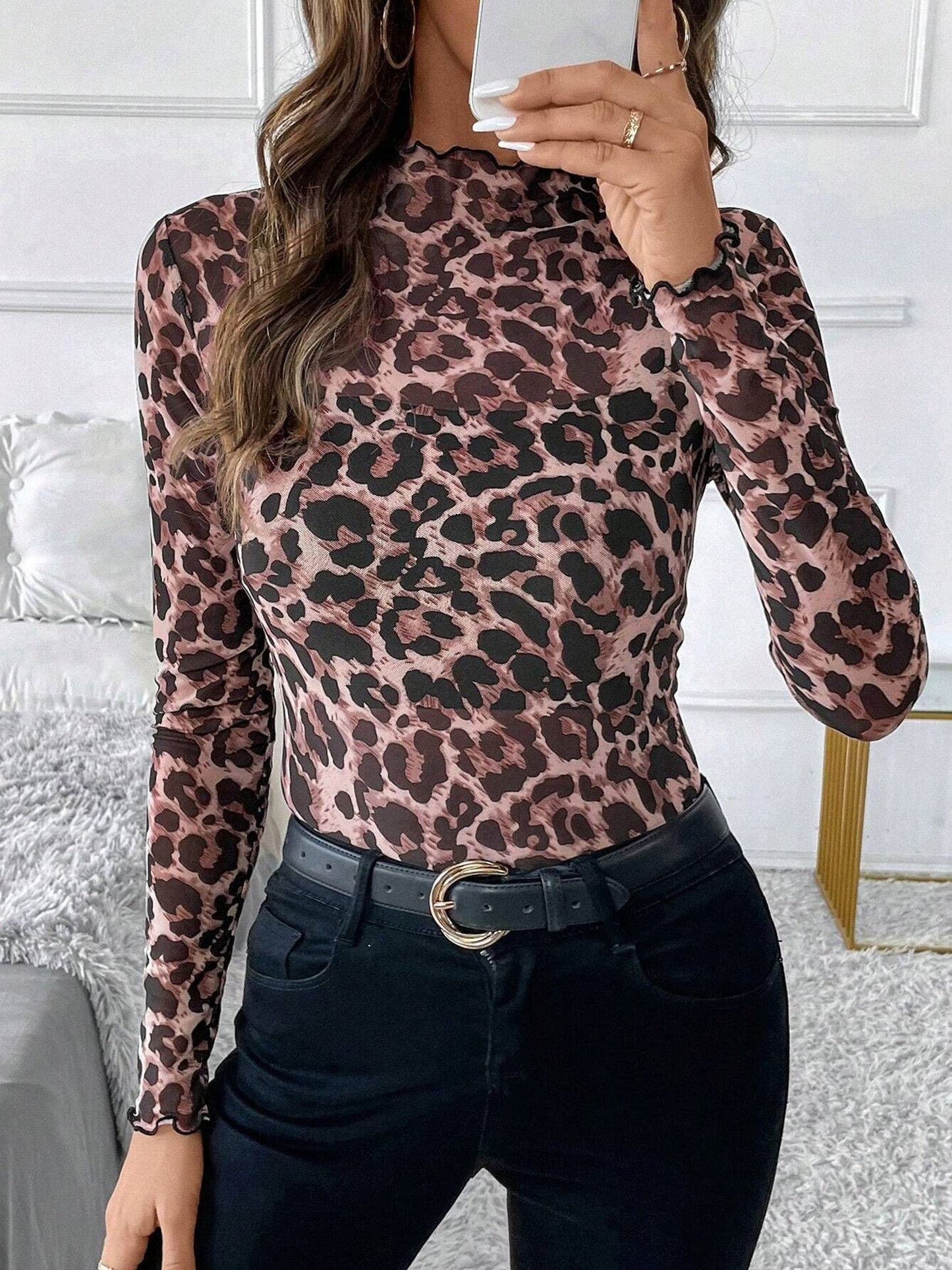 Mesh Ruffled Printed Long Sleeves Blouse