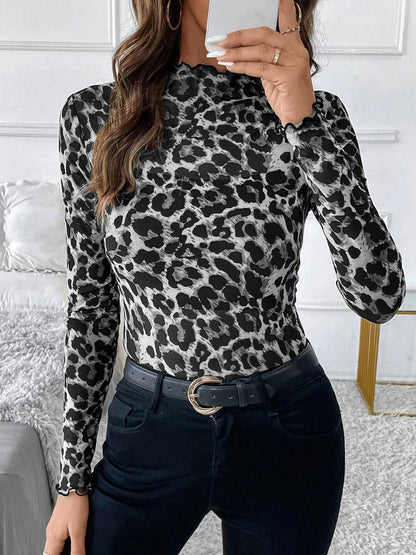 Mesh Ruffled Printed Long Sleeves Blouse