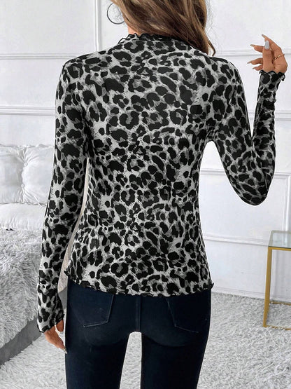 Mesh Ruffled Printed Long Sleeves Blouse