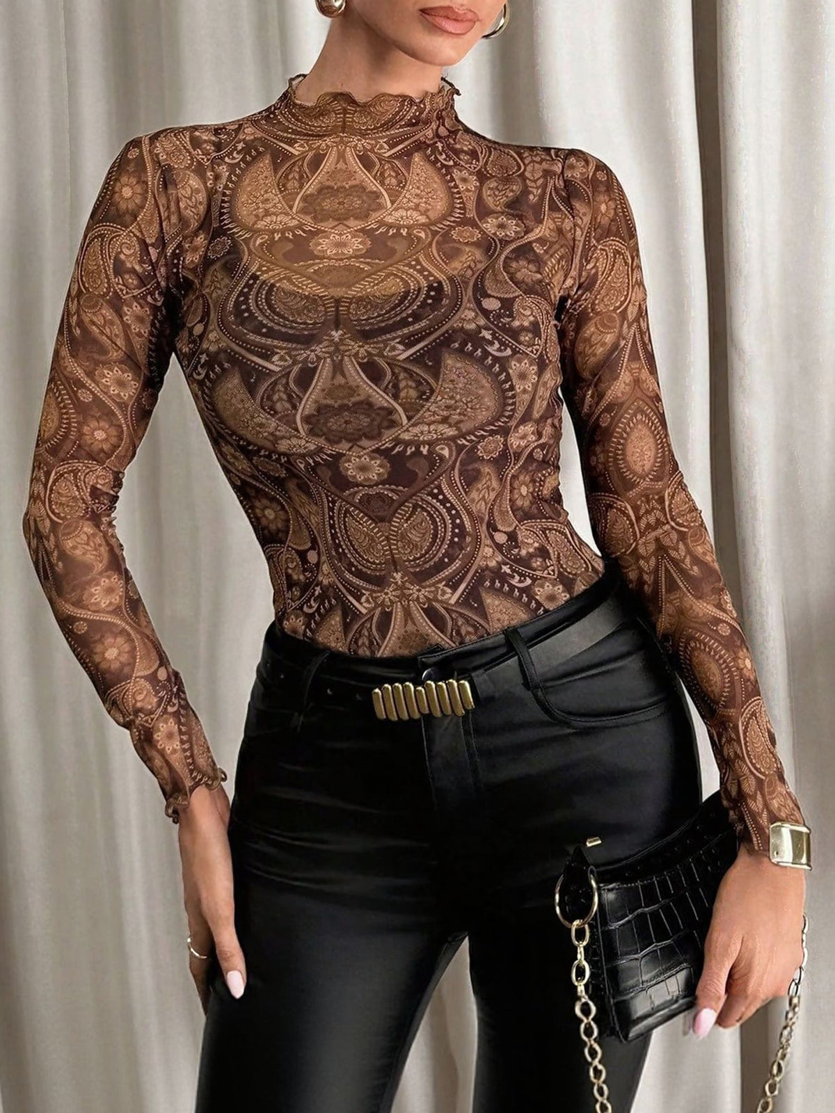 Mesh Ruffled Printed Long Sleeves Blouse