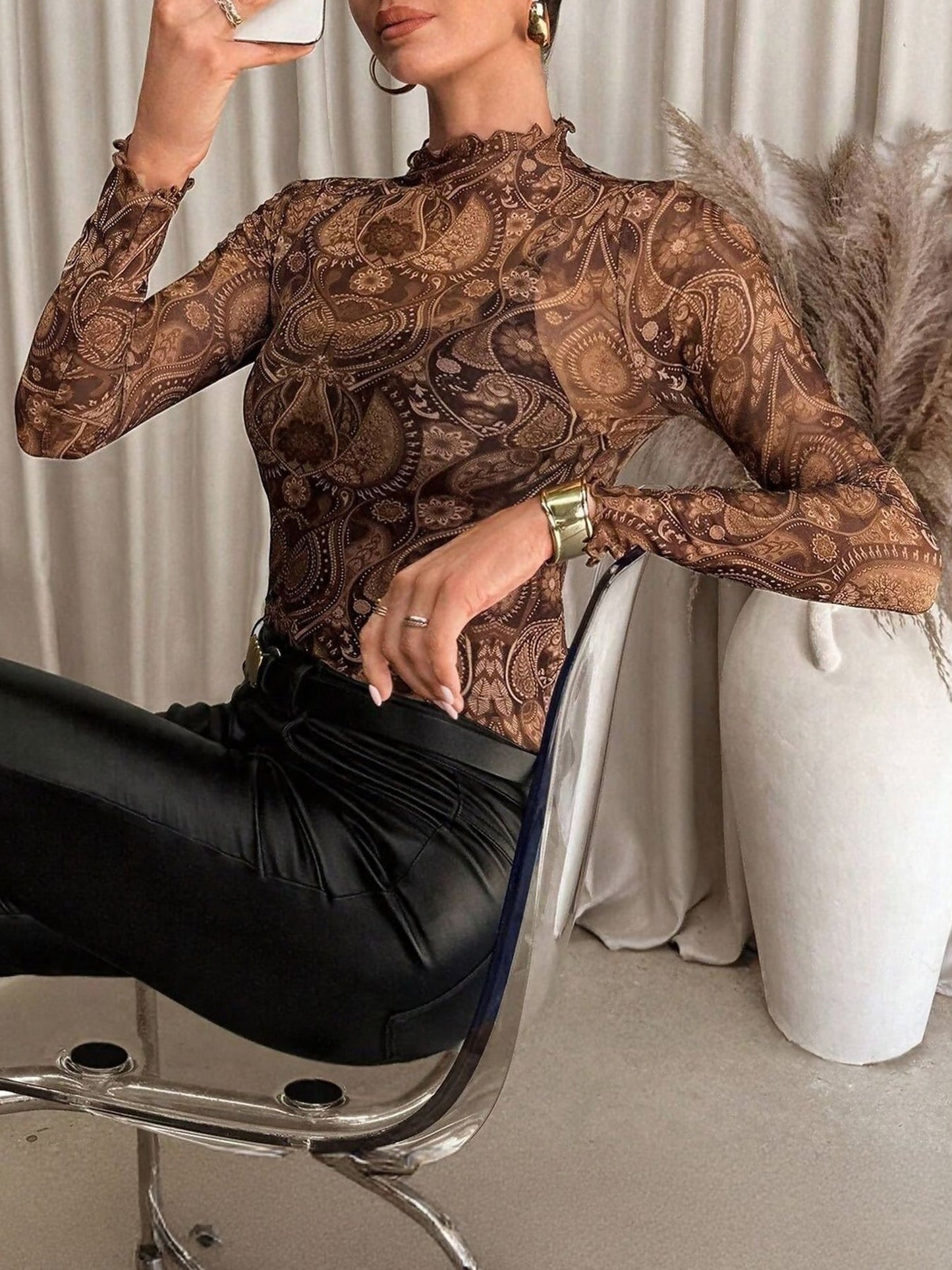 Mesh Ruffled Printed Long Sleeves Blouse