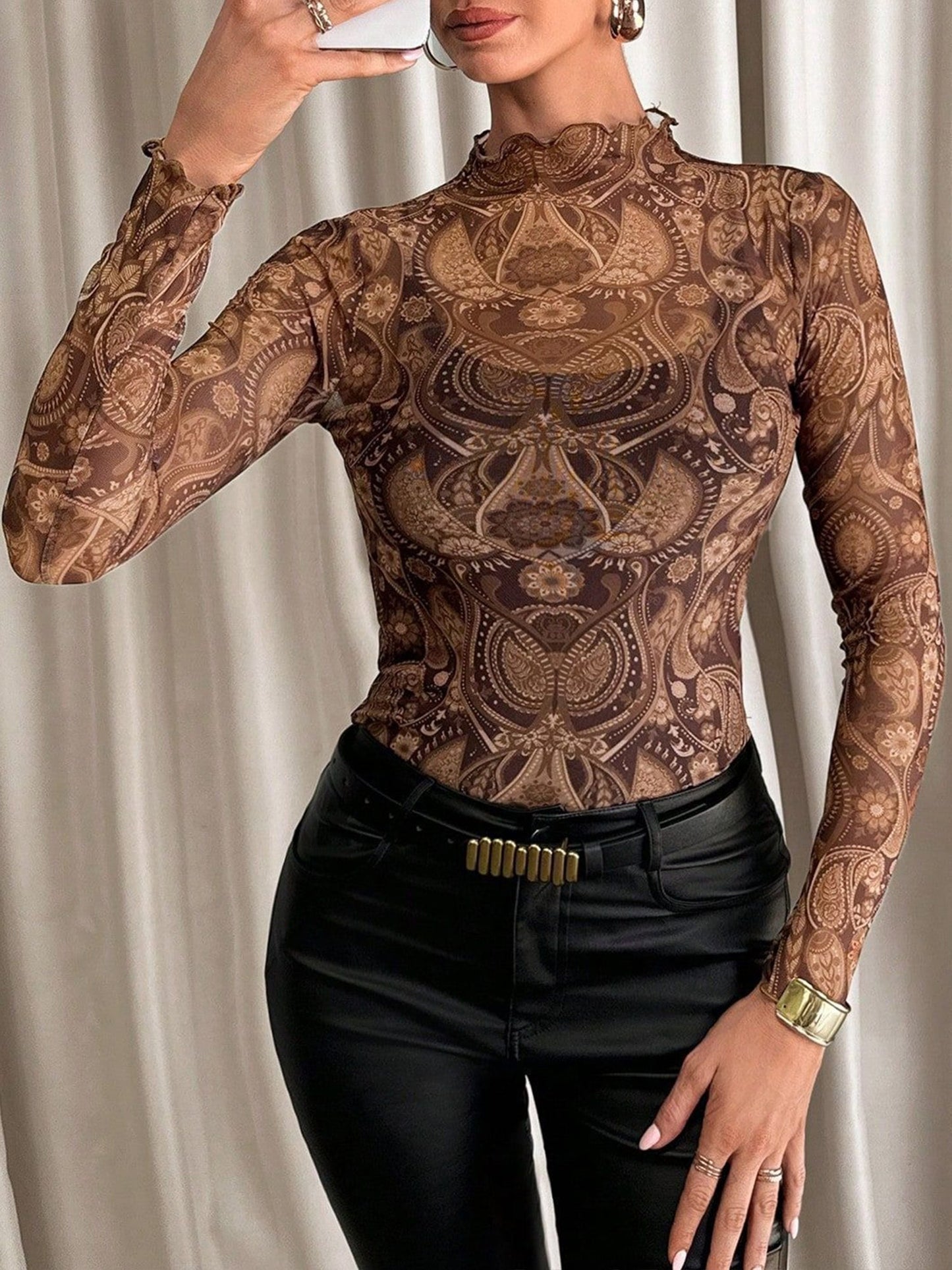 Mesh Ruffled Printed Long Sleeves Blouse