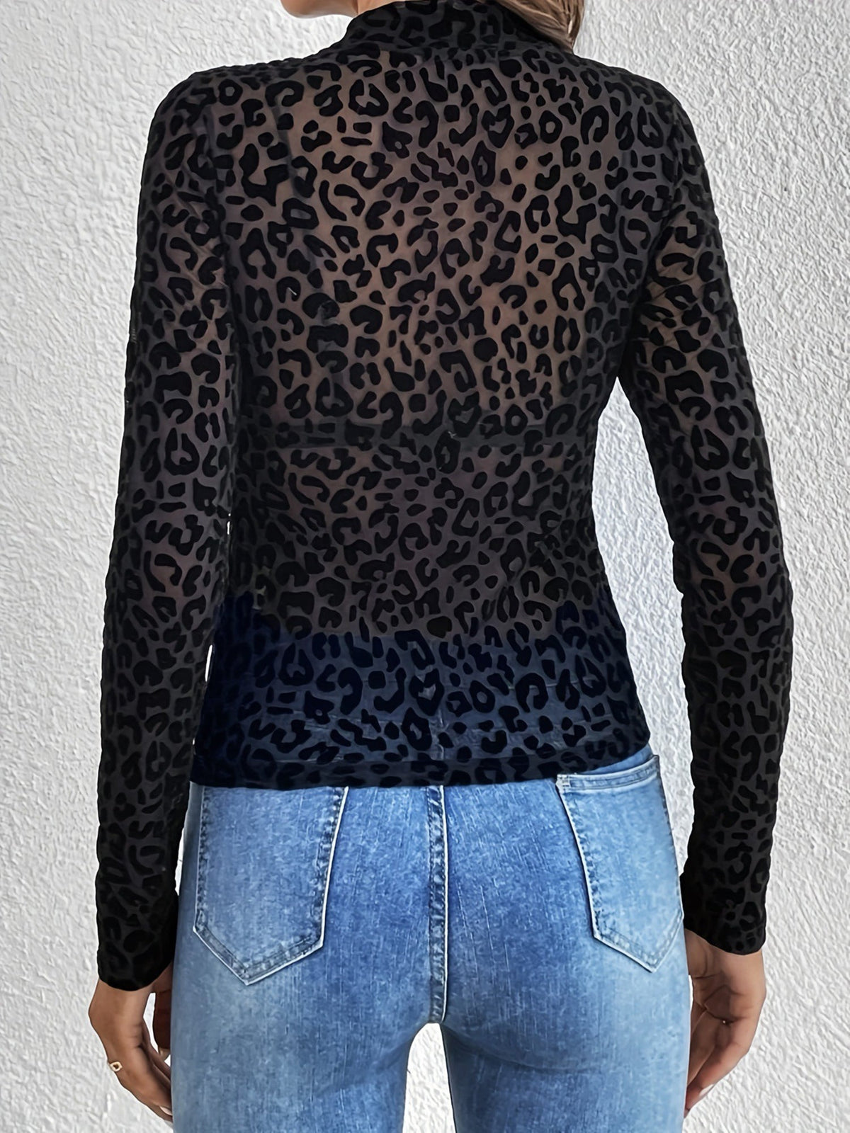 Leopard Print Mesh Mock Neck Sheer Blouse