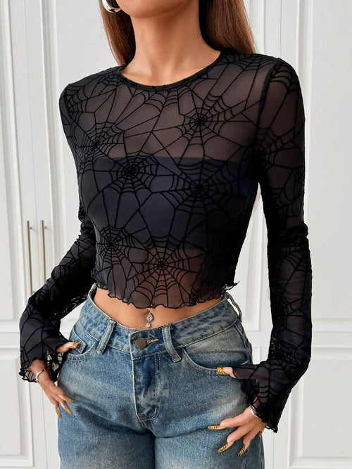 Halloween Mesh Spider Web Cropped Top