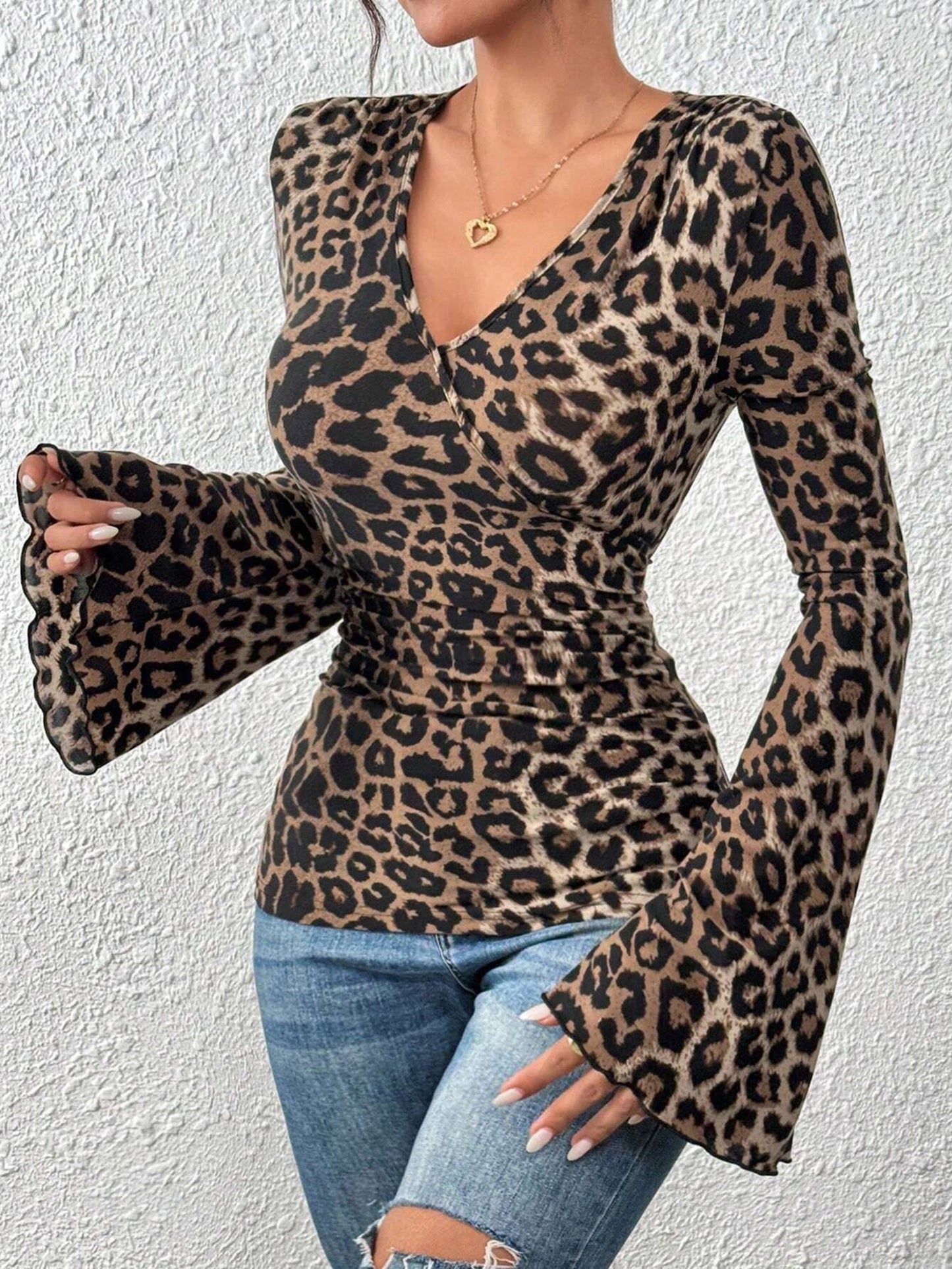 Leopard Print V Neck Flared Sleeve Slim Fit Top
