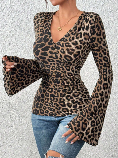 Leopard Print V Neck Flared Sleeve Slim Fit Top