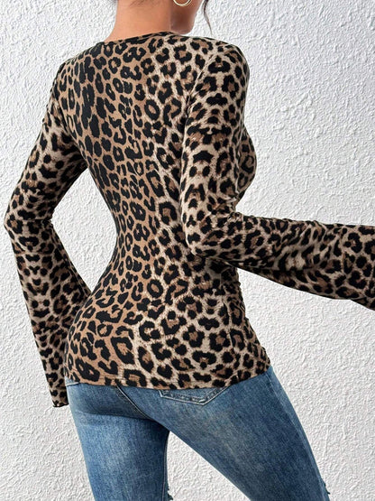 Leopard Print V Neck Flared Sleeve Slim Fit Top