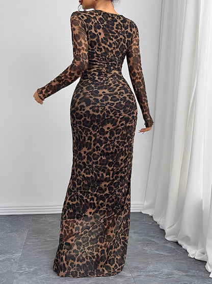 Leopard Print Mesh Ruched Bodycon Maxi Dress