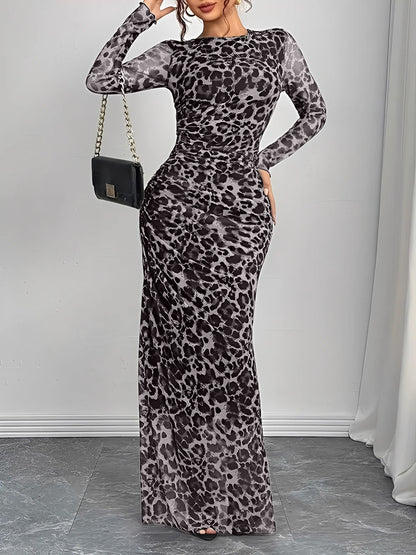 Leopard Print Mesh Ruched Bodycon Maxi Dress