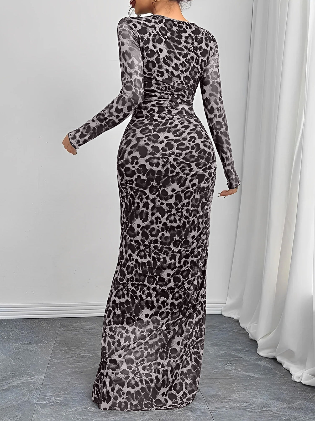 Leopard Print Mesh Ruched Bodycon Maxi Dress