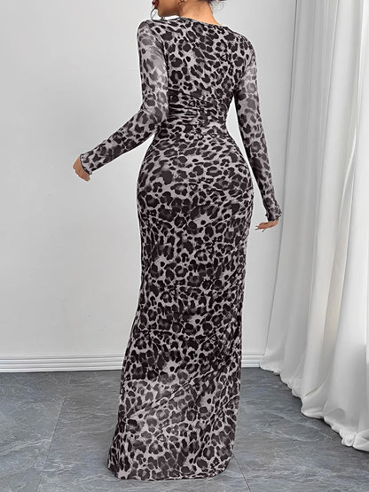 Leopard Print Mesh Ruched Bodycon Maxi Dress