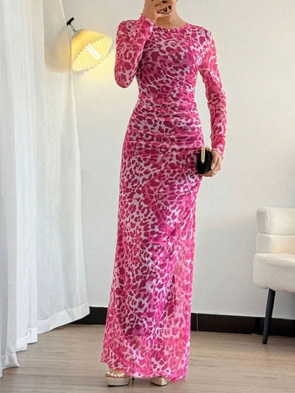 Leopard Print Mesh Ruched Bodycon Maxi Dress