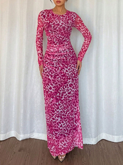 Leopard Print Mesh Ruched Bodycon Maxi Dress