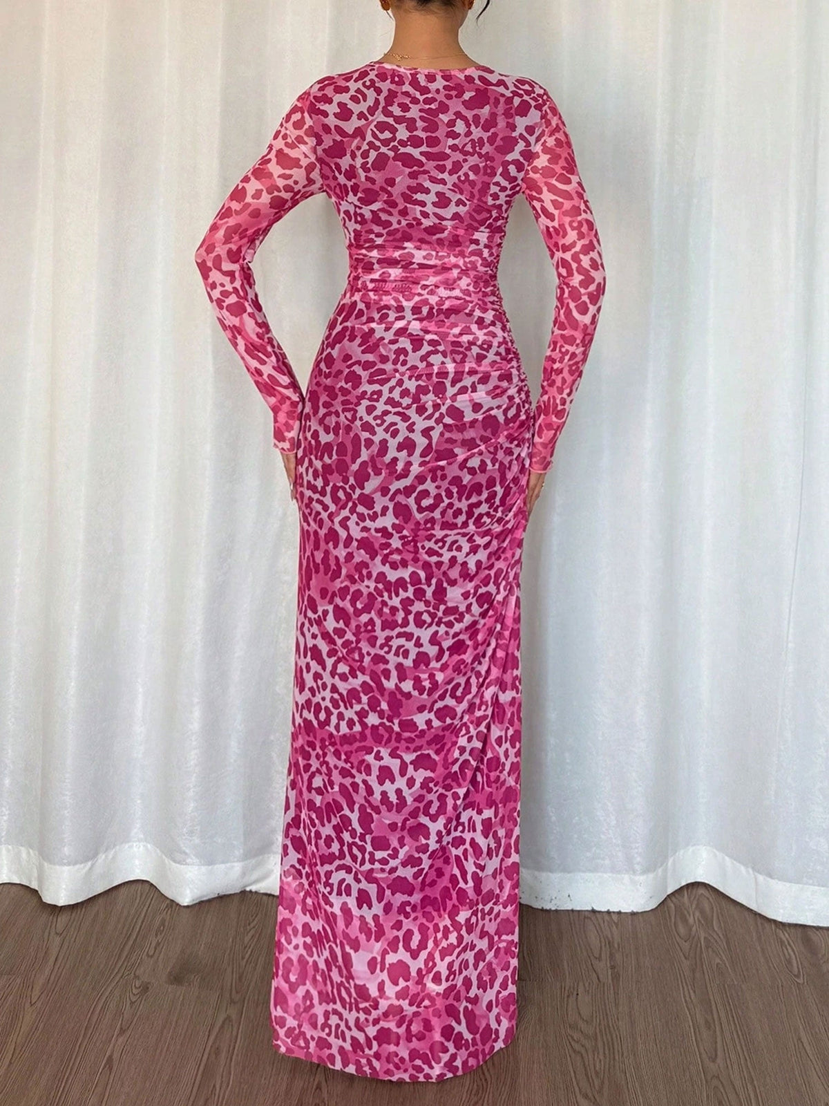 Leopard Print Mesh Ruched Bodycon Maxi Dress