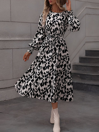 Leopard Print Tie Waist Long Sleeves A-Line Dress