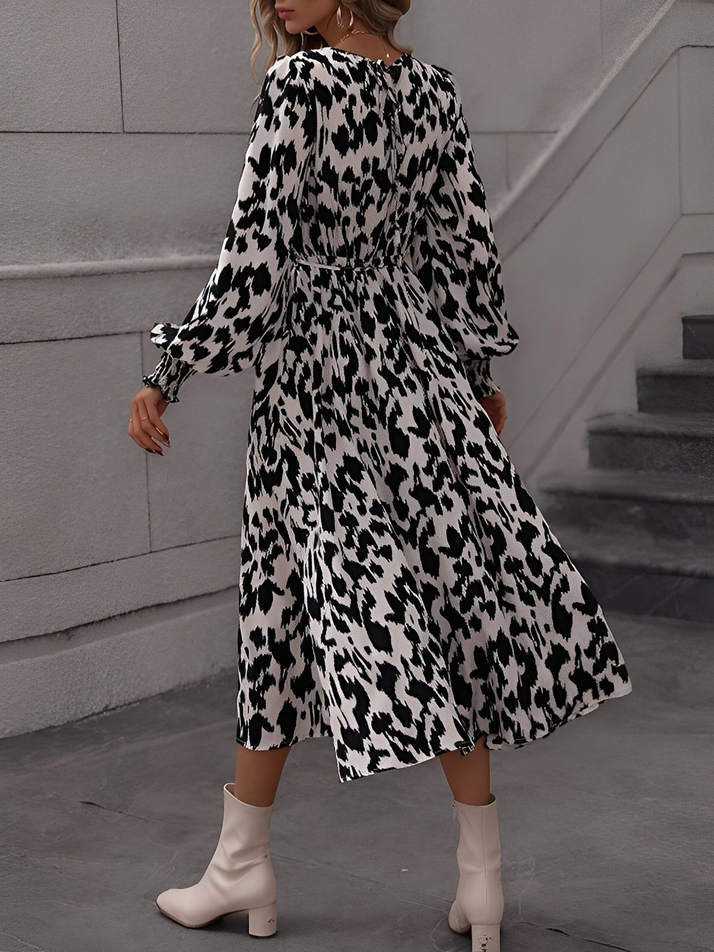 Leopard Print Tie Waist Long Sleeves A-Line Dress