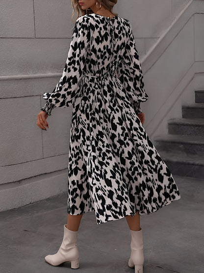 Leopard Print Tie Waist Long Sleeves A-Line Dress