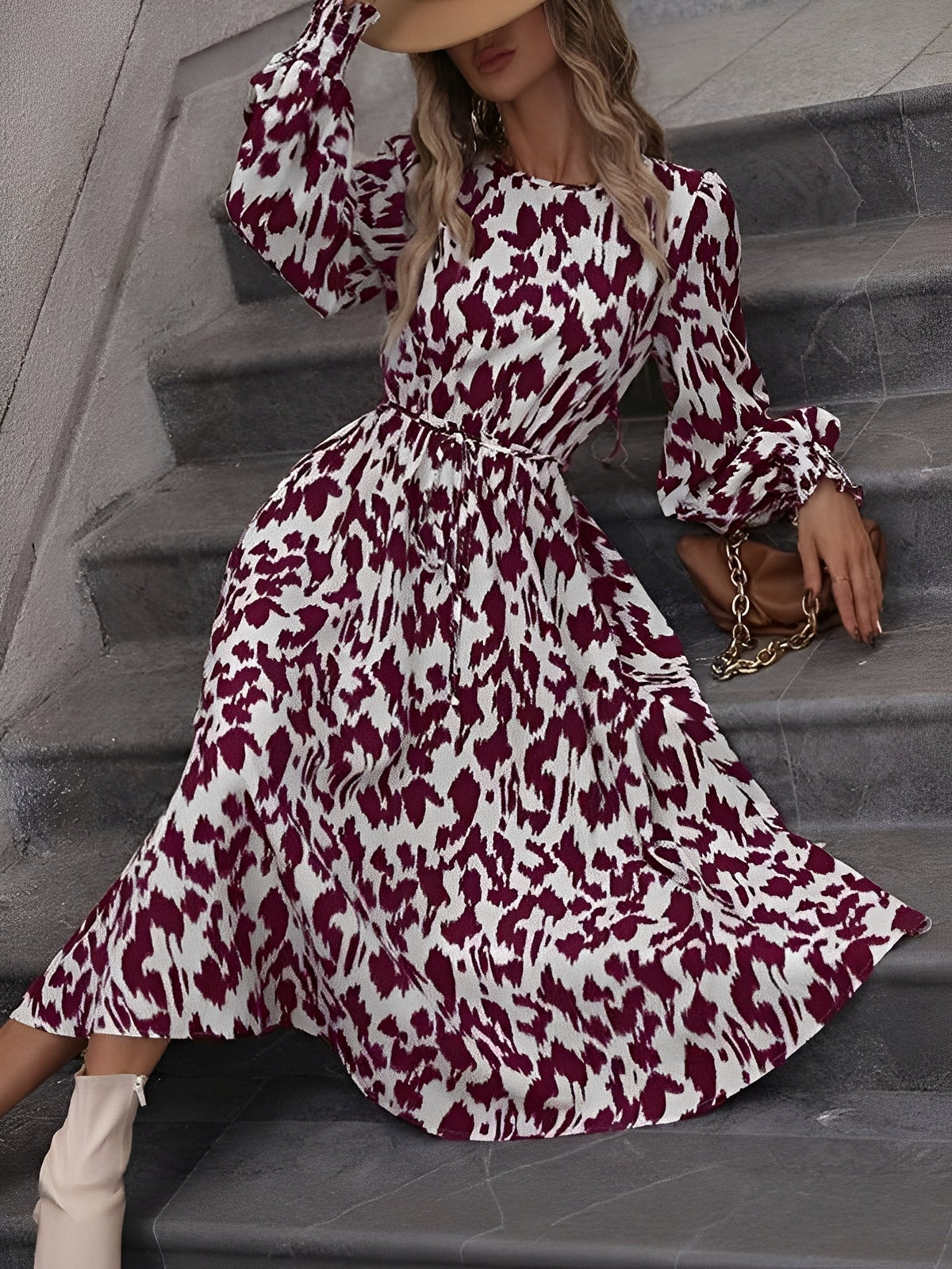 Leopard Print Tie Waist Long Sleeves A-Line Dress