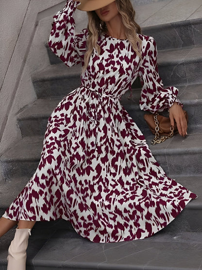 Leopard Print Tie Waist Long Sleeves A-Line Dress