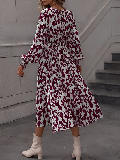 Leopard Print Tie Waist Long Sleeves A-Line Dress