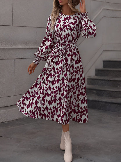 Leopard Print Tie Waist Long Sleeves A-Line Dress