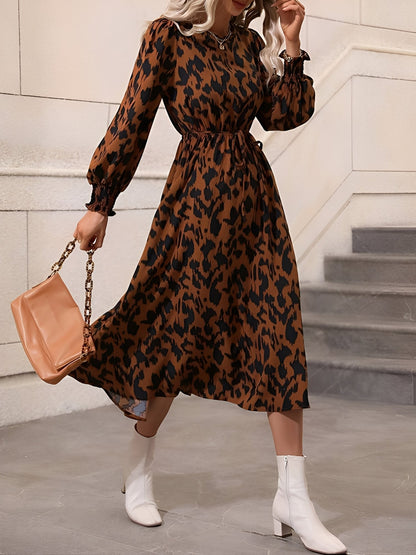 Leopard Print Tie Waist Long Sleeves A-Line Dress