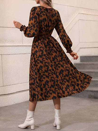 Leopard Print Tie Waist Long Sleeves A-Line Dress